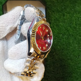 Rolex Red Dial Watch – Luxury Two-Tone Chain Style | Date Display